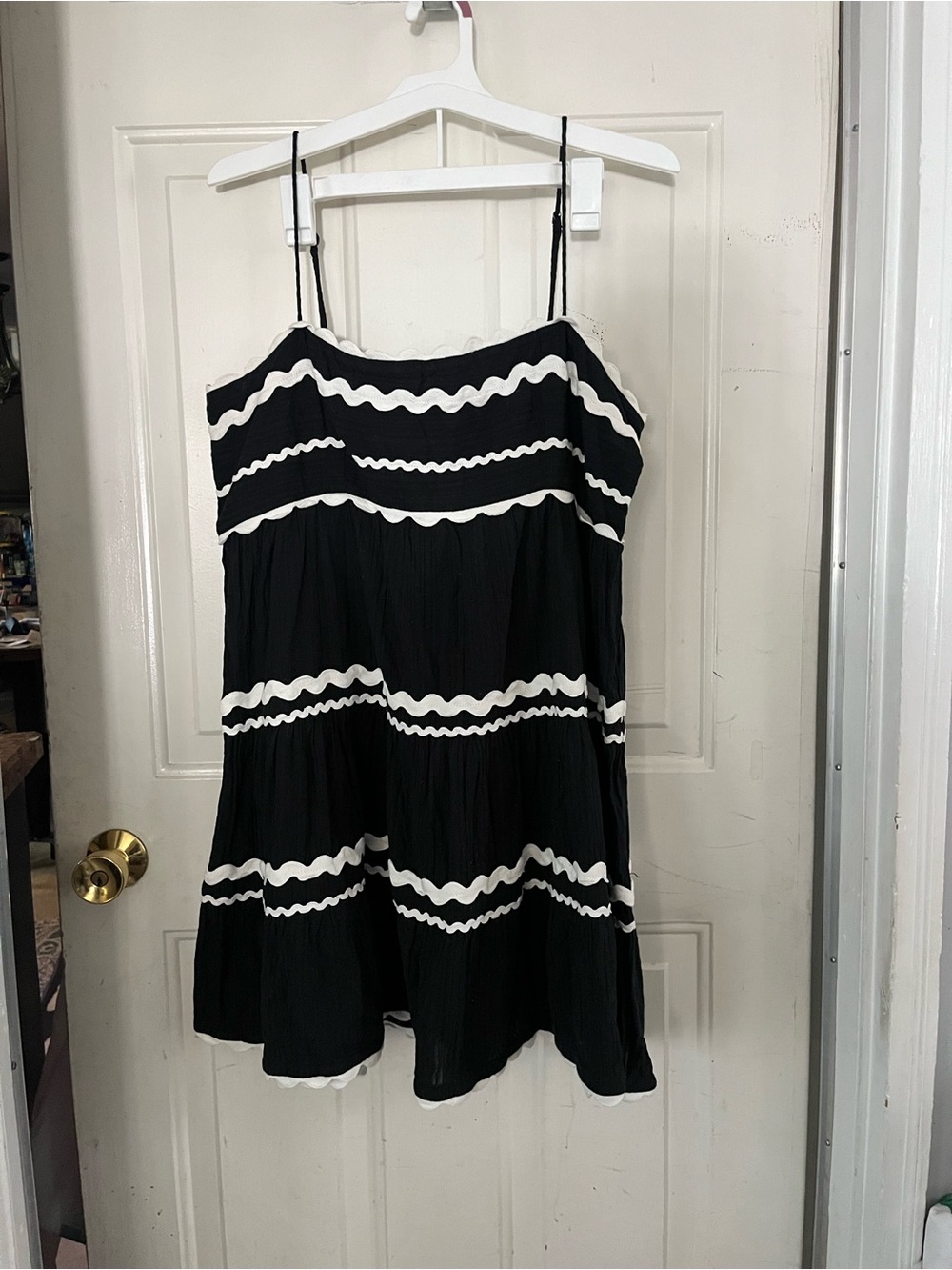 Anthropologie Black Dress with White Scallop Stripes